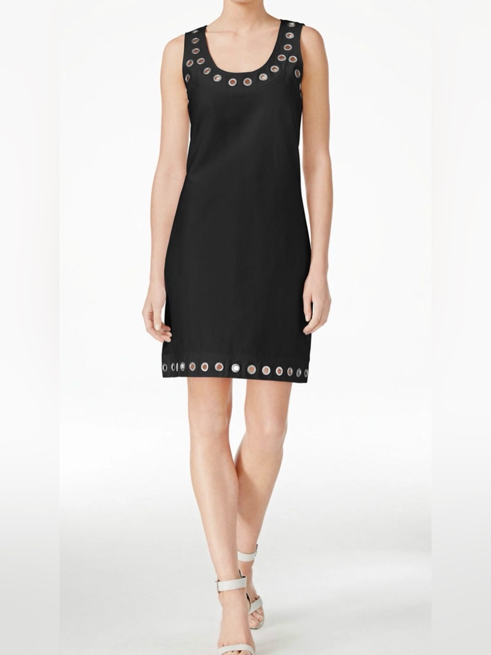 Calvin Klein Women’s Size 12 Black Silver Grommet Midi Sleeveless Sheath Dress